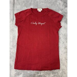 VTG Wrangler Cowboy Magnet Rhinestone T-Shirt Women's M Red Knit Stretch 90's